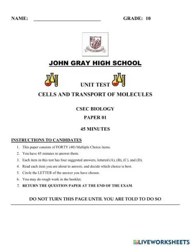 Year 10 Cells and Molecular Transport MCQ 2022