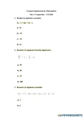 Examen de Matemática - 9no