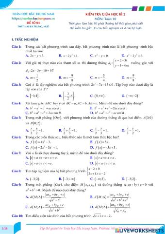 Toán 10-Kiểm tra GK2-THPT Hai Bà Trưng, Huế-2021