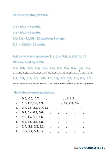 CHILL5 Math Decimals Tenths Counting Patterns
