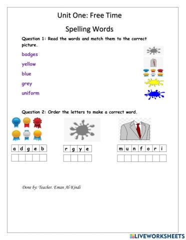 Spelling words for grade 3B Unit 1
