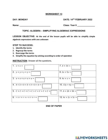 Simplifying algebraic expression with one unknown