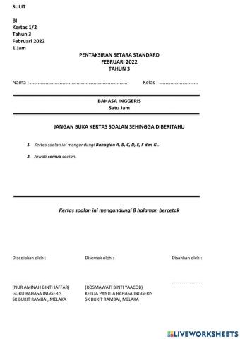 Ujian Setara Bahasa Inggeris Tahun 3 Feb 2022