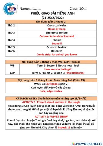 Phiếu giao bài TA tuần từ 21-25-2