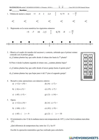 Números enteros- Ficha