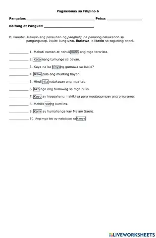 Pagsasanay sa Filipino 6-B