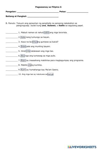 Pagsasanay sa Filipino 6-B
