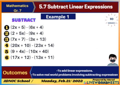 5.7 Subtract Linear Expressions Ex1