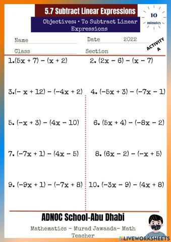 5.7 Subtract Linear Expressions Activity A