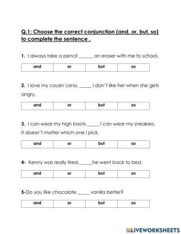 Conjunctions Worksheet