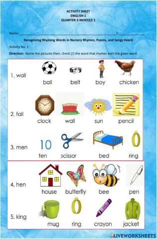 Recognizing Rhyming Words in Nursery Rhymes, Poems, and Songs Heard