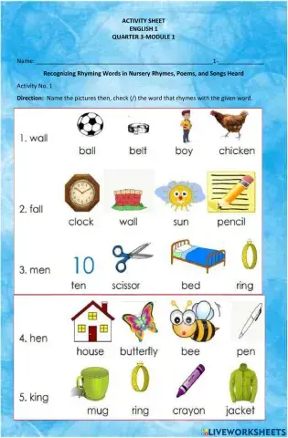 Recognizing Rhyming Words in Nursery Rhymes, Poems, and Songs Heard