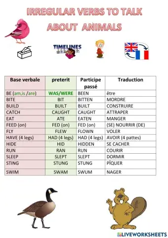 Irregular verbs on animals for French students
