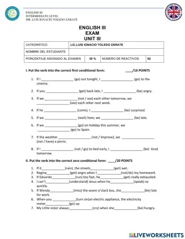 Exam-unit iii-english iii-intermediate level-univas