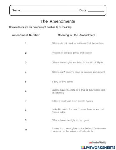 The Bill of Rights Matching Worksheet