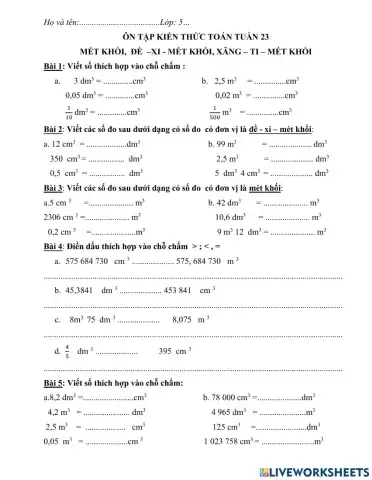 Ôn tập toán đổi đơn vị đo thể tích