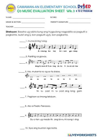 Q3 week 3 music evaluation sheet