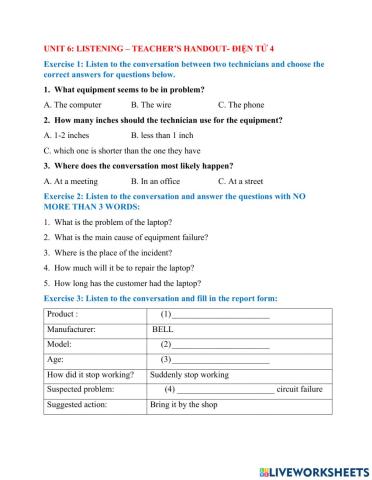 Unit 6- Listening - Teacher's handout - Điện tử 4