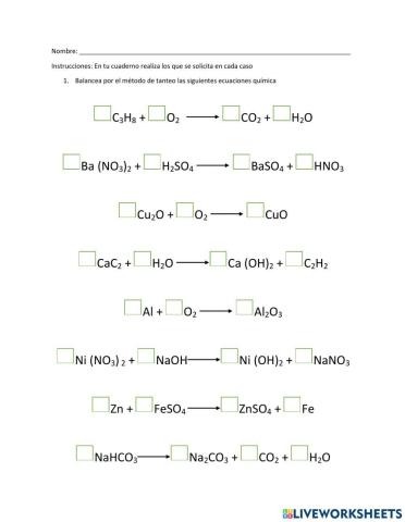 Ejercicios de balanceo de reacciones químicas por el método de tanteo