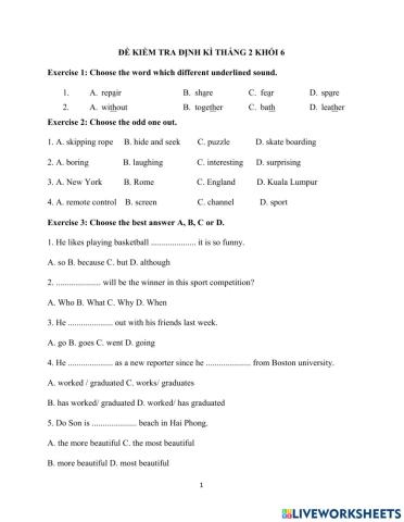 Ktra định kì tháng 2 lớp 6