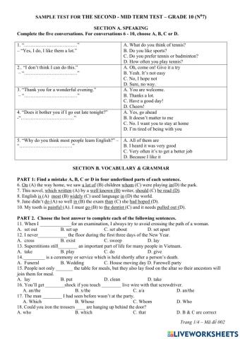 Sample test for the second - mid term test – grade 10 (n07)