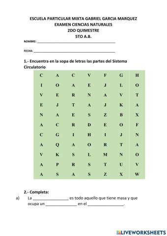 Examen cienias naturales 5to