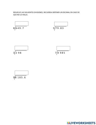 Divisiones con un dígito en divisor y cociente decimal