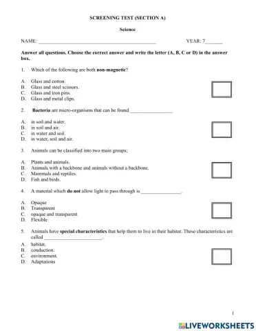 SCIENCE SCREENING TEST(SECTION A)