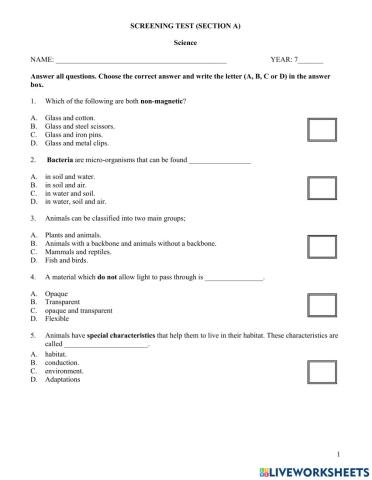 SCIENCE SCREENING TEST(SECTION A)