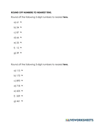Round off numbers to tens (up to 5 digit) Year 4