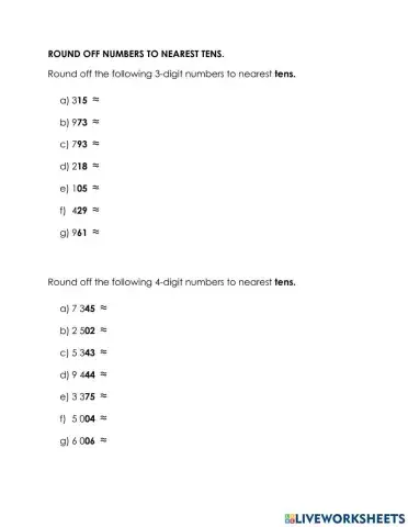 Rounding off numbers to nerest tens (up to 6 digit) Year 5