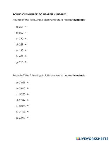 Round off to hundreds (up to 6 digit) year 5