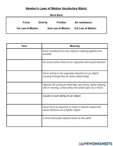 Newton's Laws Vocabulary Match