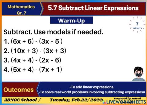 5.7 Subtract Linear Expressions Warm up
