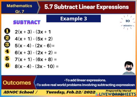5.7 Subtract Linear Expressions Ex.3