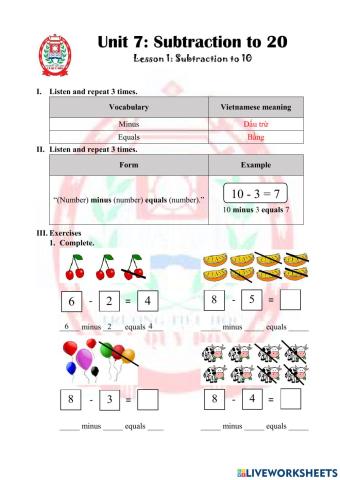 MATH 1 U7L1 Subtraction to 10