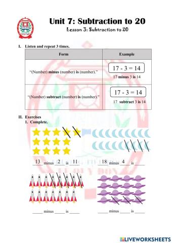 MATH1 U7L3 Subtraction to 20