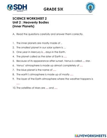 Worksheet 2 Solar system Inner planet