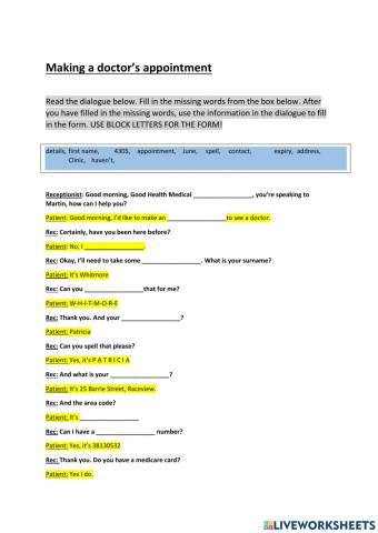 Making a doctor's appointment-gap fill and form