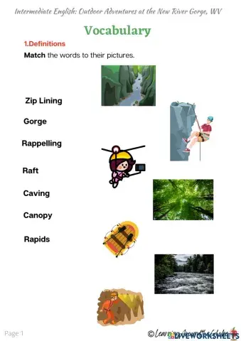 New River Gorge Outdoor Adventures Vocabulary Practice