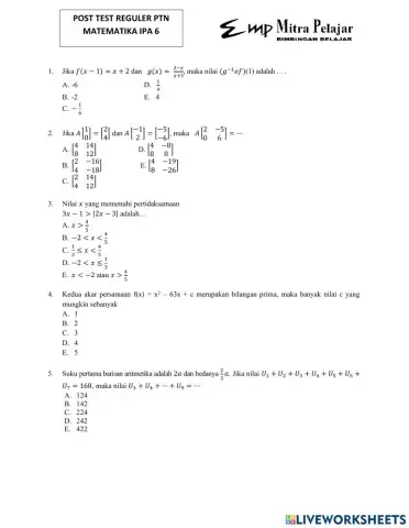 Posttest intensif ptn mtk ipa 6