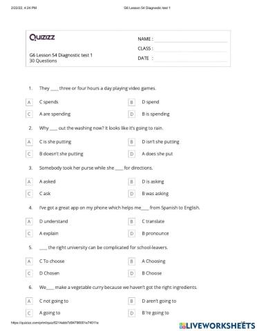 G6 Day 54 Diagnostic test 1