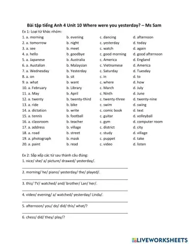 Tiếng Anh 4 Unit 10 Where were you yesterday?