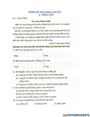 Phiếu bổ trợ nâng cao số 6