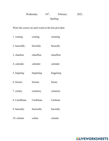 SEA Spelling List Test 2