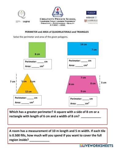 Area and perimeter of quadrilaterals and triangles