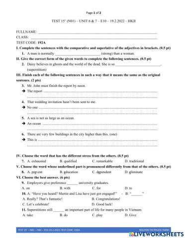 192A-KT 15 (số 1)-HKII-Unit 6,7-E10-19.2.2022