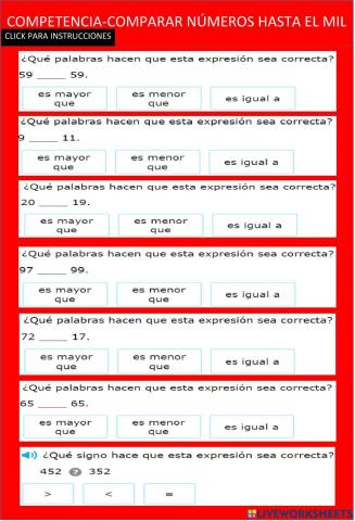 Comparar números, hasta el mil