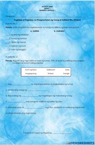 Pagkilala at Pagtukoy sa Pinagmumulan ng Tunog at Kalidad Nito (Timbre)