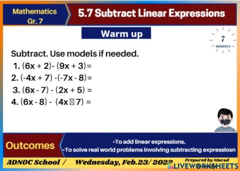 5.7 Subtract Linear Expressions Warm Up